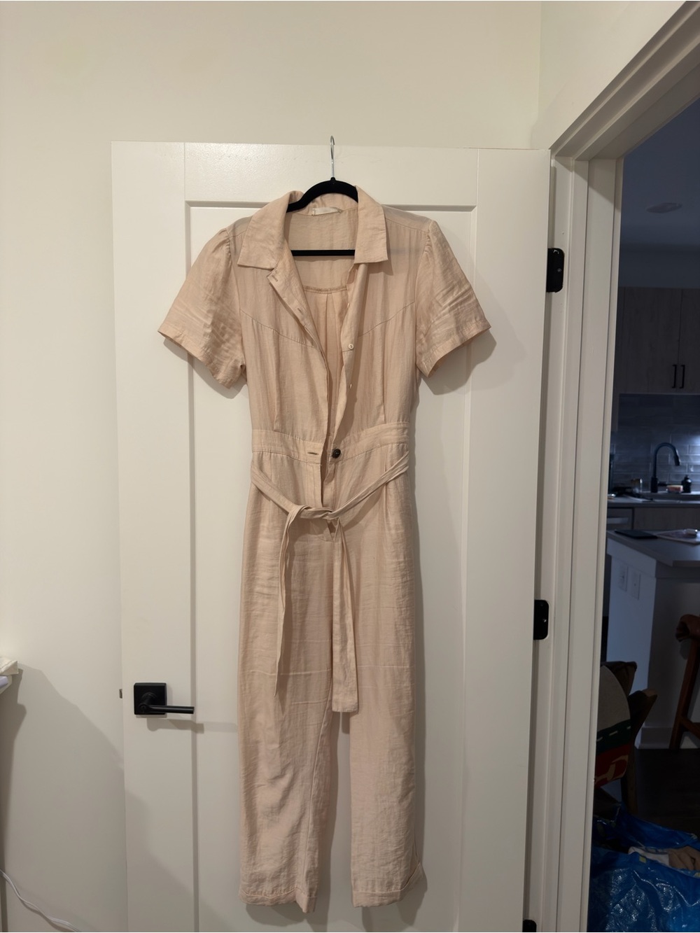 Mango Beige Short-Sleeve Button Jumpsuit with Tie Waist